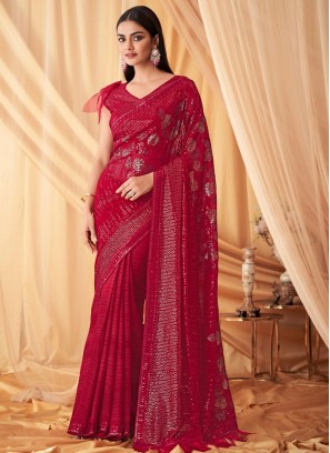 Crimson Classic Sequins Embroidered Chiffon Silk Saree
