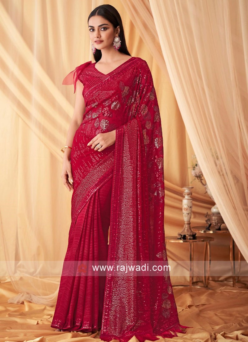 Chiffon Saree in Wine Color With Elegant Floral Work