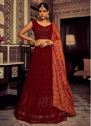 Georgette Maroon Embroidered A Line Lehenga Choli