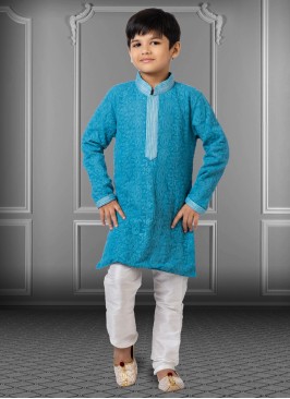 Georgette Sky Blue Thread Embroidered Kurta Pajama