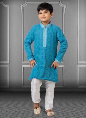 Georgette Sky Blue Thread Embroidered Kurta Pajama