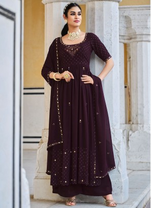 Purple Embroidered Georgette Palazzo Suit