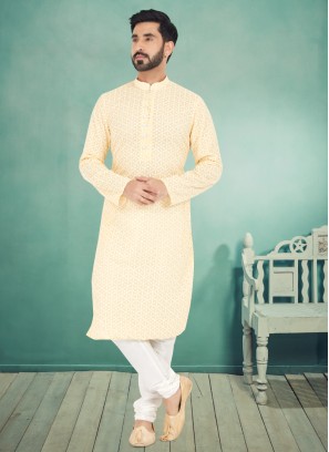 Georgette Thread Embroidered Lemon Yellow Kurta Pajama