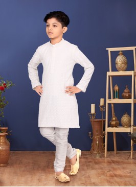 Georgette Thread Embroidered Off White Kurta Pajama