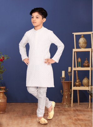 Georgette Thread Embroidered Off White Kurta Pajama