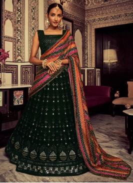 Dark Green Georgette Lehenga Choli with Bandhani Dupatta