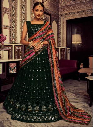 Dark Green Georgette Lehenga Choli with Bandhani Dupatta