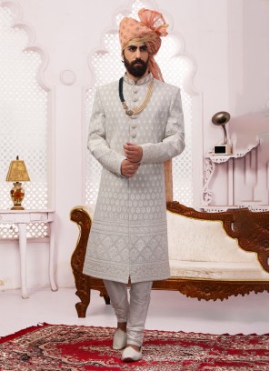 Georgette Wedding Wear Lucknowi Embroidered Light Grey Sherwani