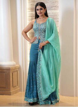 Georgette Wedding Wear Rama Blue Sharara Set