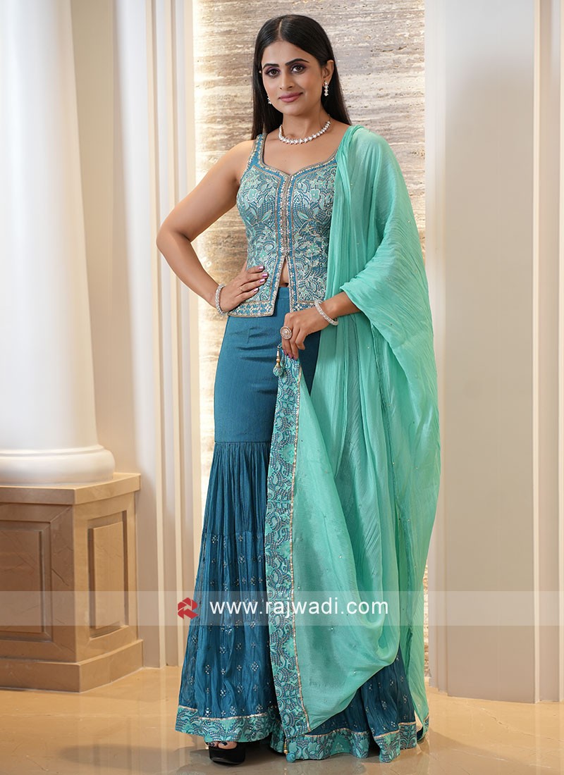 Fancy Embroidered Georgette Silk Cobalt Blue Sharara Suit – Heritage India  Fashions