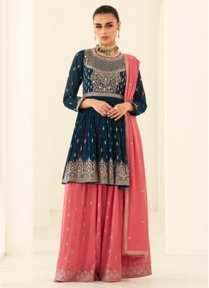 Georgette Zari Embroidered Palazzo Suit With Dupatta