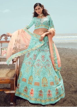 Georgette Turquoise A Line Lehenga Choli