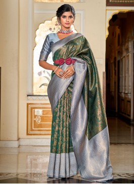 Green and Grey Jacquard Work Banarasi Silk Saree