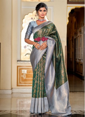 Green and Grey Jacquard Work Banarasi Silk Saree