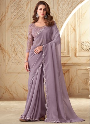 Mesmerizing Mauve Designer Georgette and Silk Saree