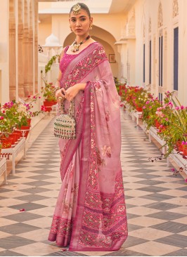 Two-tone Pink Floral Printed Chiffon Silk Saree