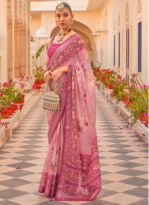 Two-tone Pink Floral Printed Chiffon Silk Saree