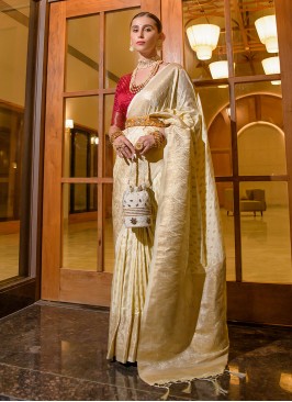 Cream Zari Weaving Satin Silk Classic Saree