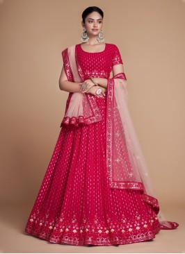 Glamorous Sequins Embroidered Deep Pink Georgette Trendy Lehenga Choli