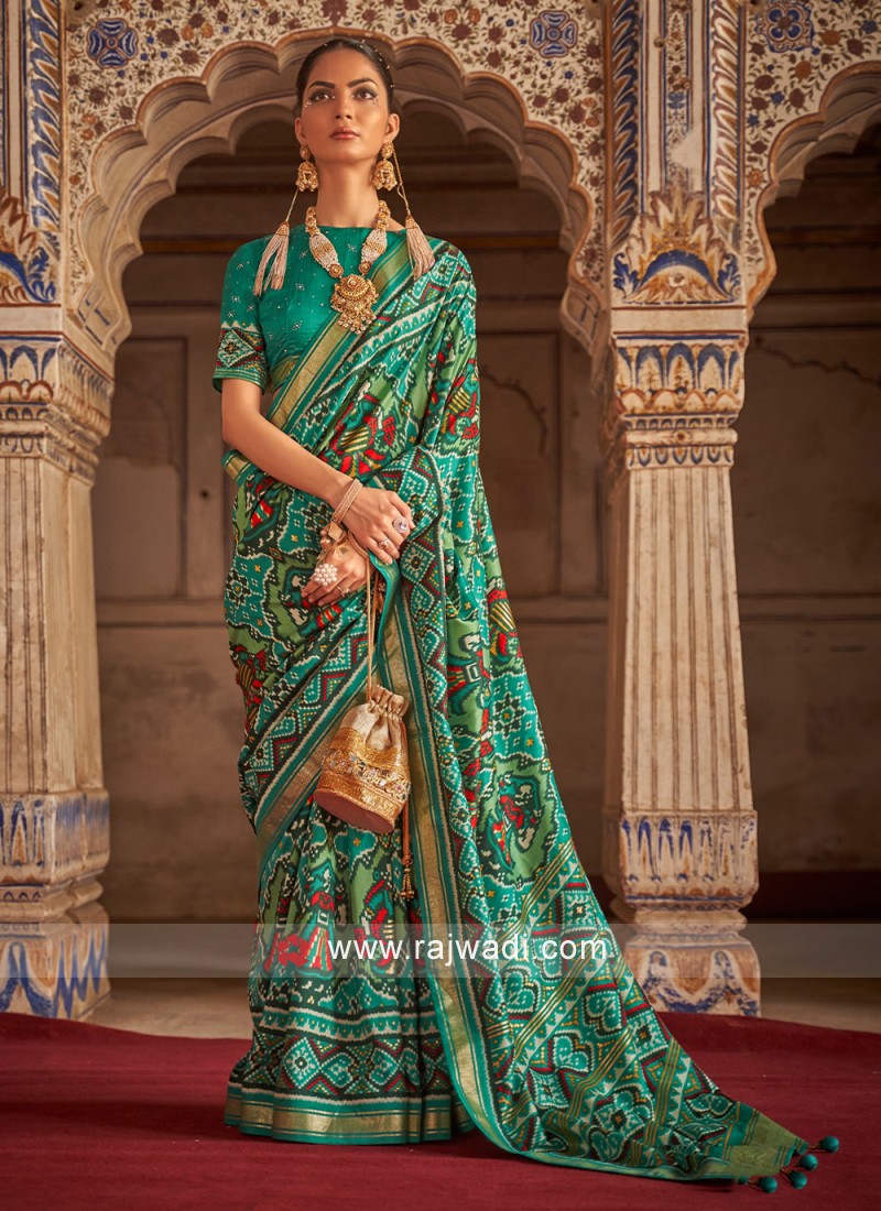 Attentive Multi color Silk Weave Saree With Sleeveless Blouse And Fancy  Patola Design