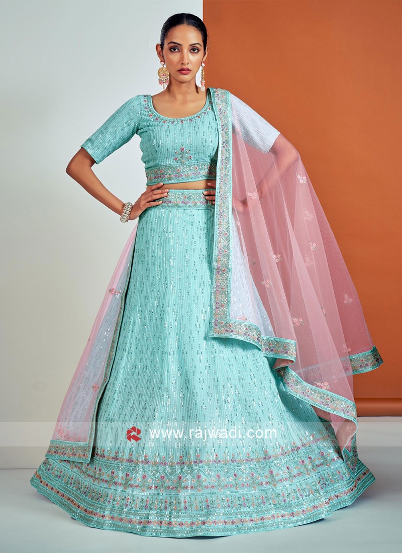 Gratifying Blue Sequins Faux Georgette Lehenga Choli