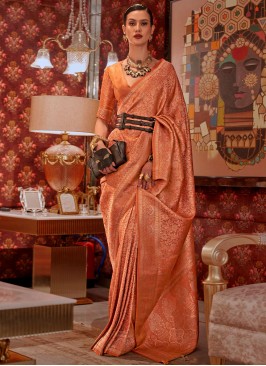 Dark Peach Designer Silk Weaving Saree