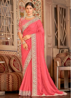 Pink Wedding Wear Designer Organza Saree