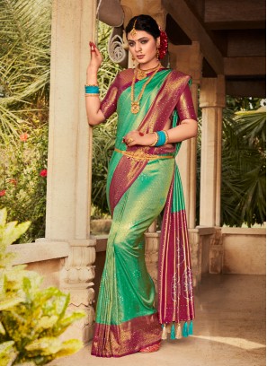 Green Shaded Plain Chiffon Saree With Heavy Cut Dana Embroidered Border  Online Kalki Fashion