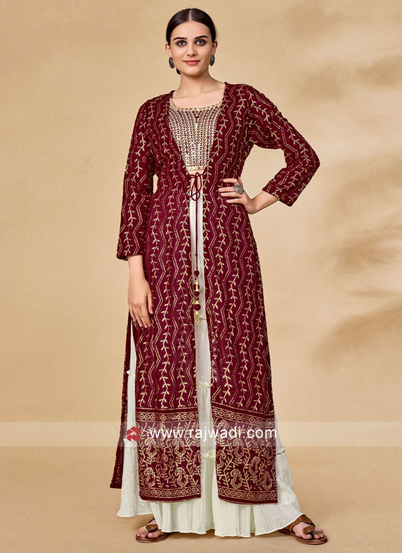 glitzy maroon ceremonial readymade salwar kameez 42532