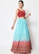 Red and Light Blue Foil Printed Designer Lehenga Choli