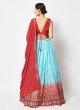 Red and Light Blue Foil Printed Designer Lehenga Choli