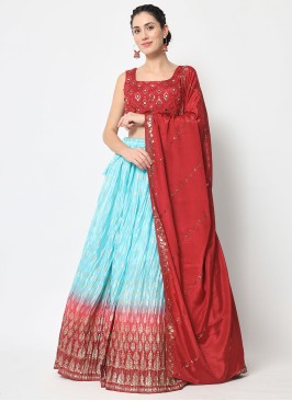 Red and Light Blue Foil Printed Designer Lehenga Choli