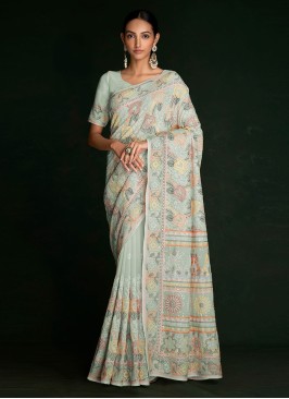 Pista Green Lucknowi Embroidered Designer Saree