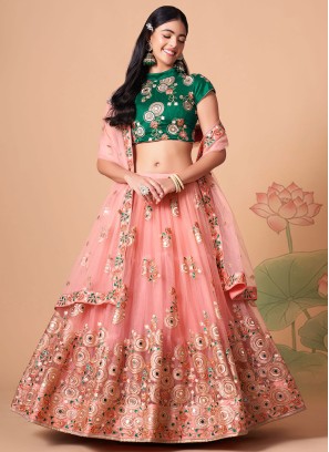 Rose Pink Net Embroidered Designer Lehenga Choli