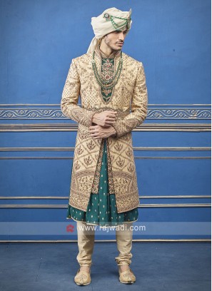 Golden and Green Silk  Sherwani For Groom