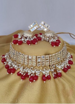 Gold And Red Mirror Studded Choker Necklace Set
