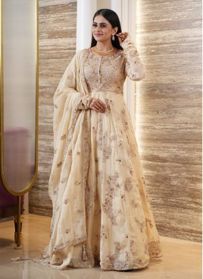 Exquisite Golden Colored Embroidered Anarkali Dress