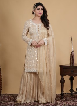 Gold Handcrafted Gharara Suit In Crepe Silk