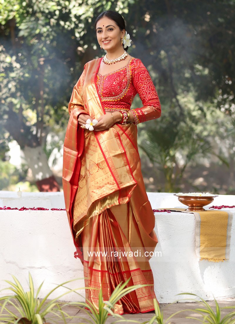 Vermilion Red Bridal Kanchipuram Silk Saree