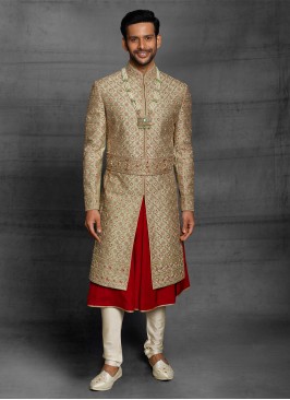 Golden Designer Anarkali Sherwani For Groom