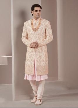 Golden Cream Anarkali Style Embroidered Sherwani