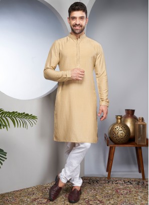 Golden Cream And White Slub Silk Kurta Set