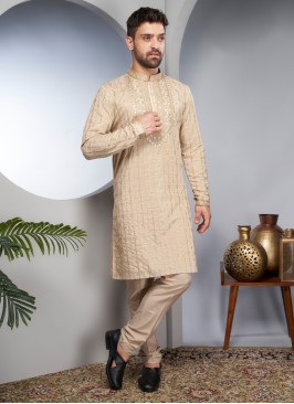 Golden Cream Embroidered Kurta Pajama For Men