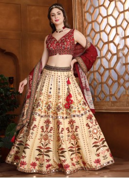 Golden Cream & Maroon Silk Lehenga Set With Floral Prints