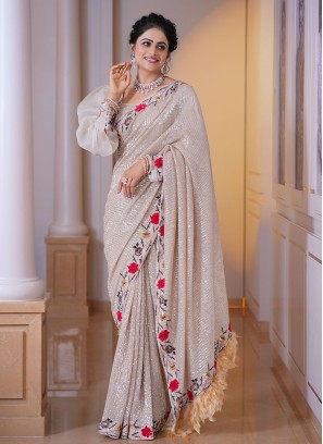 Organza Embroidery Grey Saree