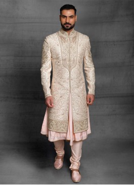 Golden Cream Raw Silk Wedding Sherwani