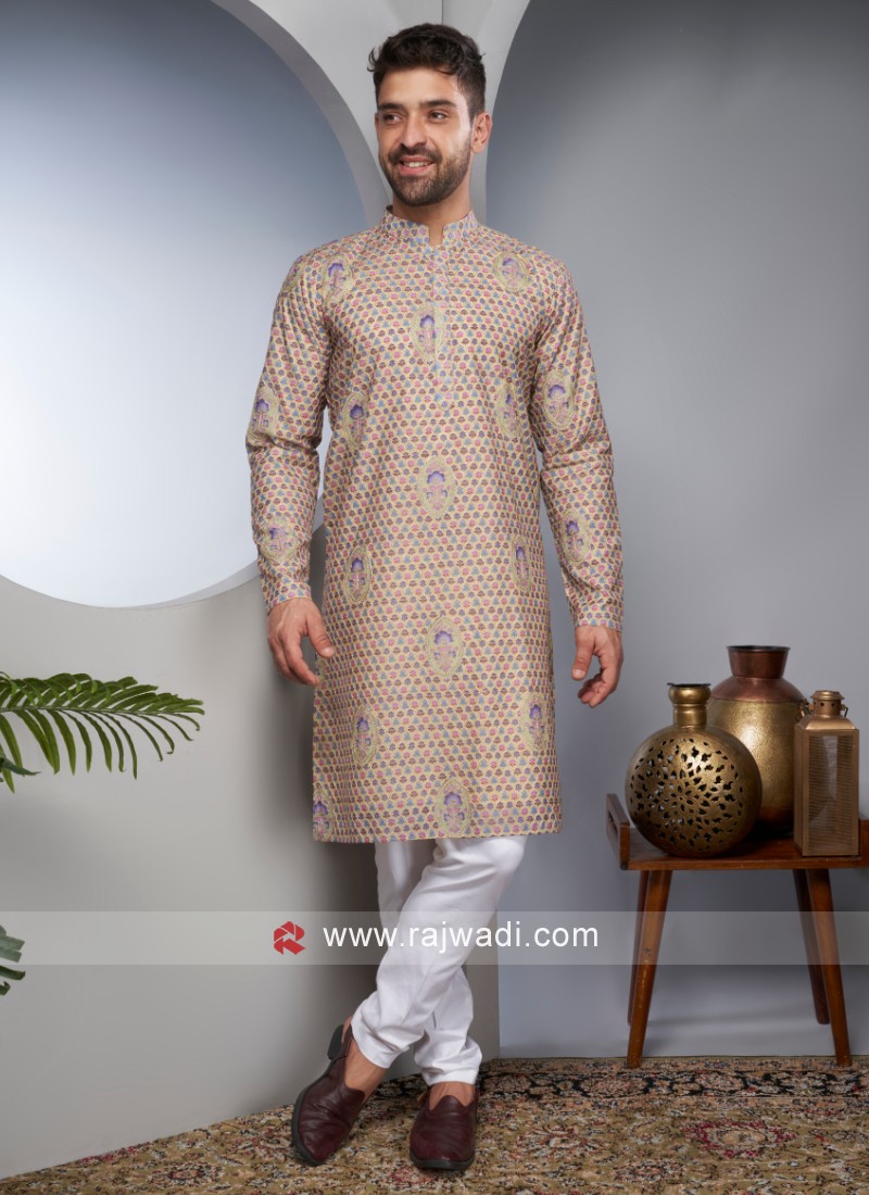 Golden Cream Readymade Cotton Silk Kurta Pajama