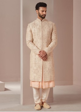 Golden Cream Silk Sherwani With Heavy Embroidery