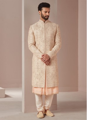 Golden Cream Silk Sherwani With Heavy Embroidery