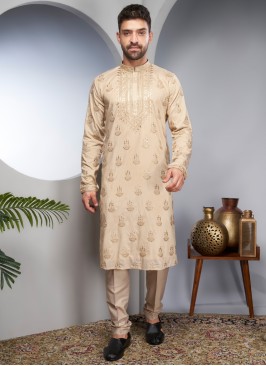 Golden Cream Thread Embroidered Kurta Pajama